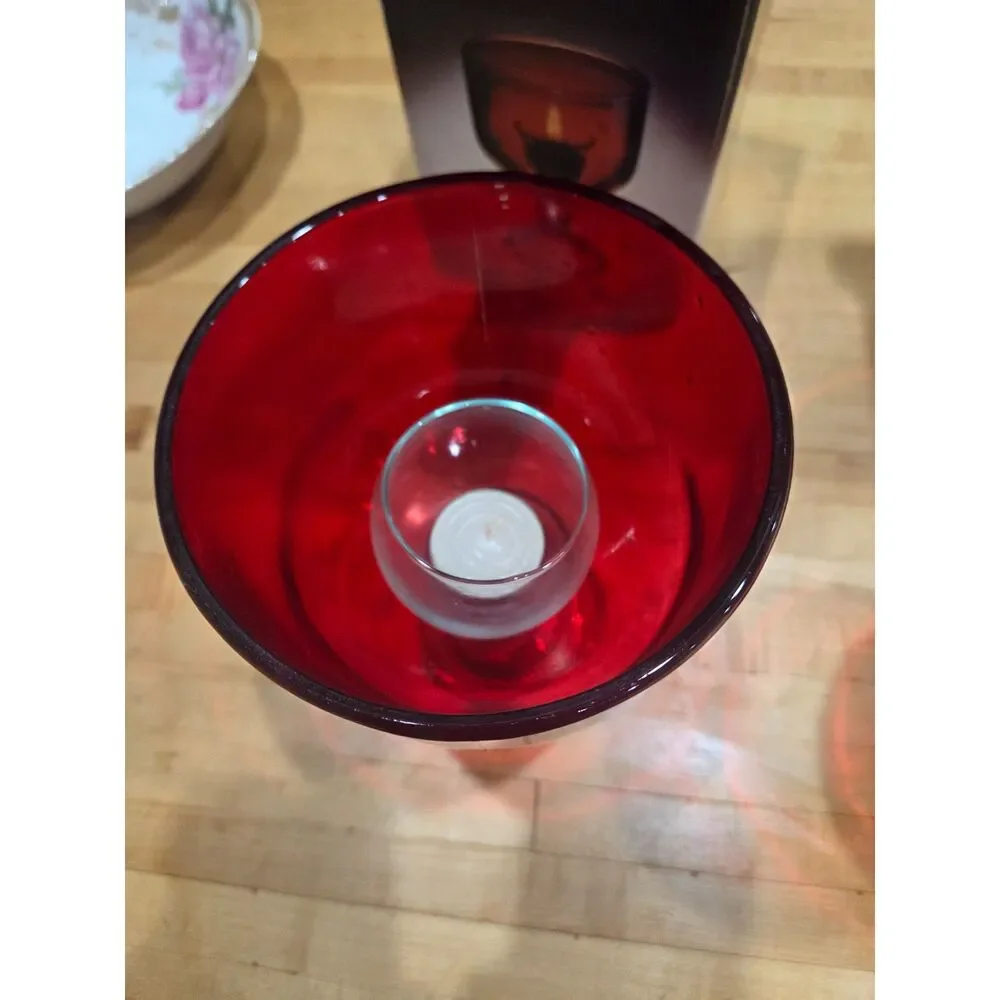 Vintage Indiana Glass Coupe Chandelier Ruby Red Candle Chalice Set of 2 Boxed